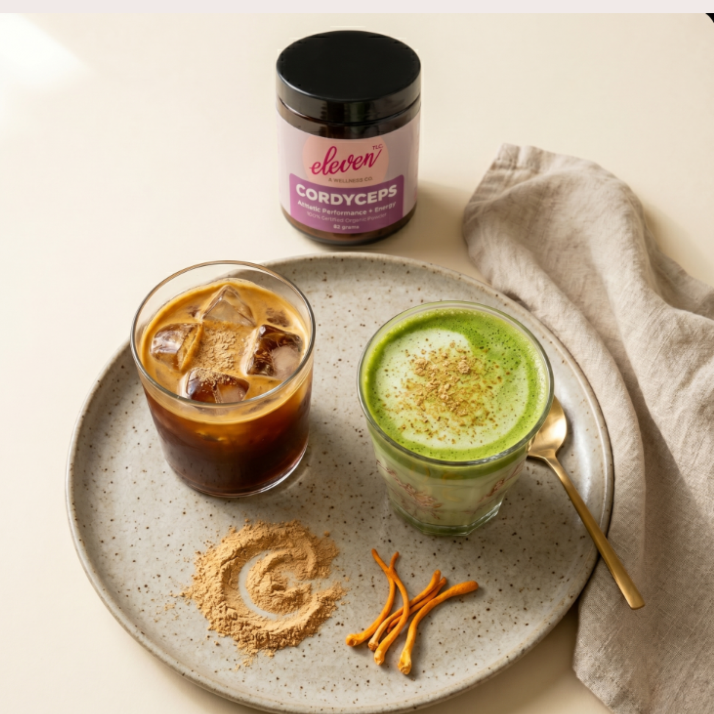 Cordyceps mushroom powder in a matcha and coffee lifestyle setting; cellular energy support.