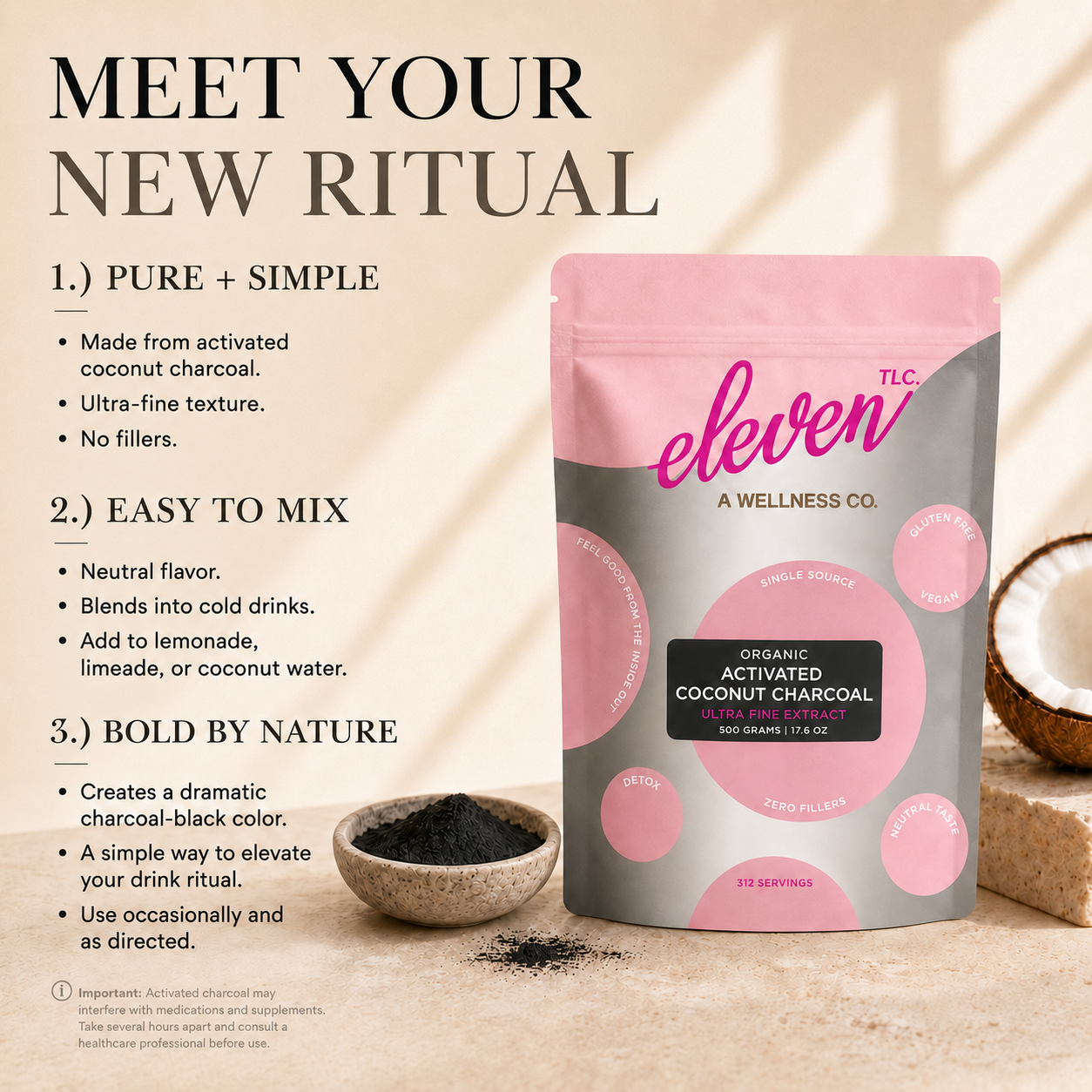 Eleven TLC Activated Coconut Charcoal Powder 500g pouch displayed in a minimalist kitchen setting with a bowl of charcoal and coconut, promoting a daily signal for detox and wellness.