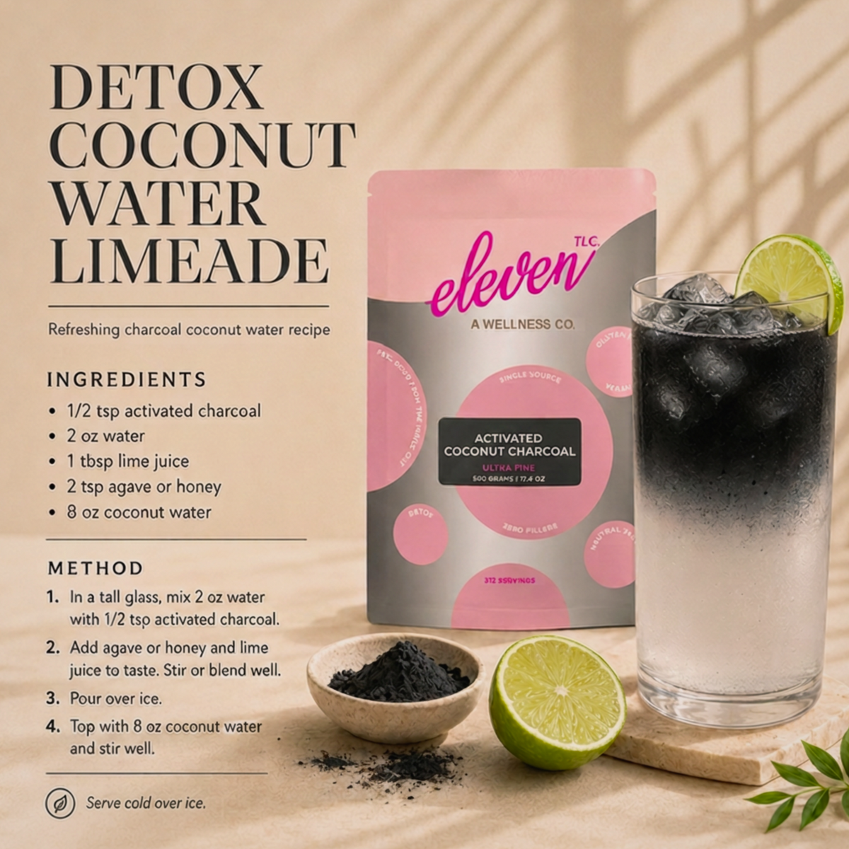 Detox Coconut Water Limeade recipe card with the Eleven TLC activated coconut charcoal powder 500 g pouch, a layered black and white charcoal limeade over ice, and fresh lime.