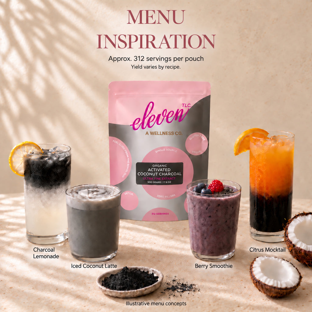 Menu inspiration with the Eleven TLC activated coconut charcoal powder 500 g pouch: charcoal lemonade, iced coconut latte, berry smoothie and a layered citrus mocktail, with coconut halves and a bowl of charcoal powder.