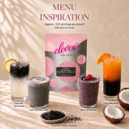 Menu inspiration with the Eleven TLC activated coconut charcoal powder 500 g pouch: charcoal lemonade, iced coconut latte, berry smoothie and a layered citrus mocktail, with coconut halves and a bowl of charcoal powder.