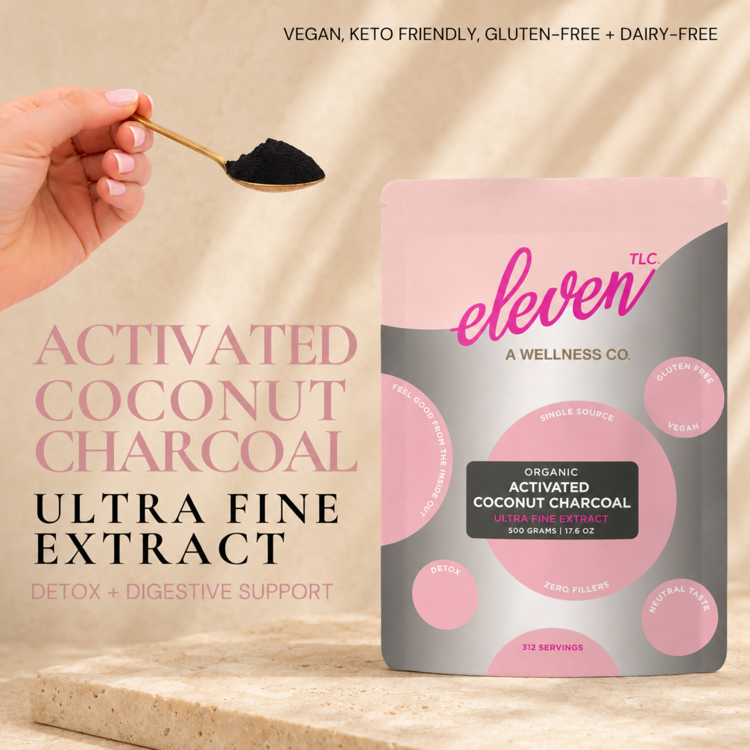 Eleven TLC Activated Coconut Charcoal Ultra Fine Extract 500g pouch featuring a golden spoon of charcoal powder, marketing text for vegan and keto-friendly diet.