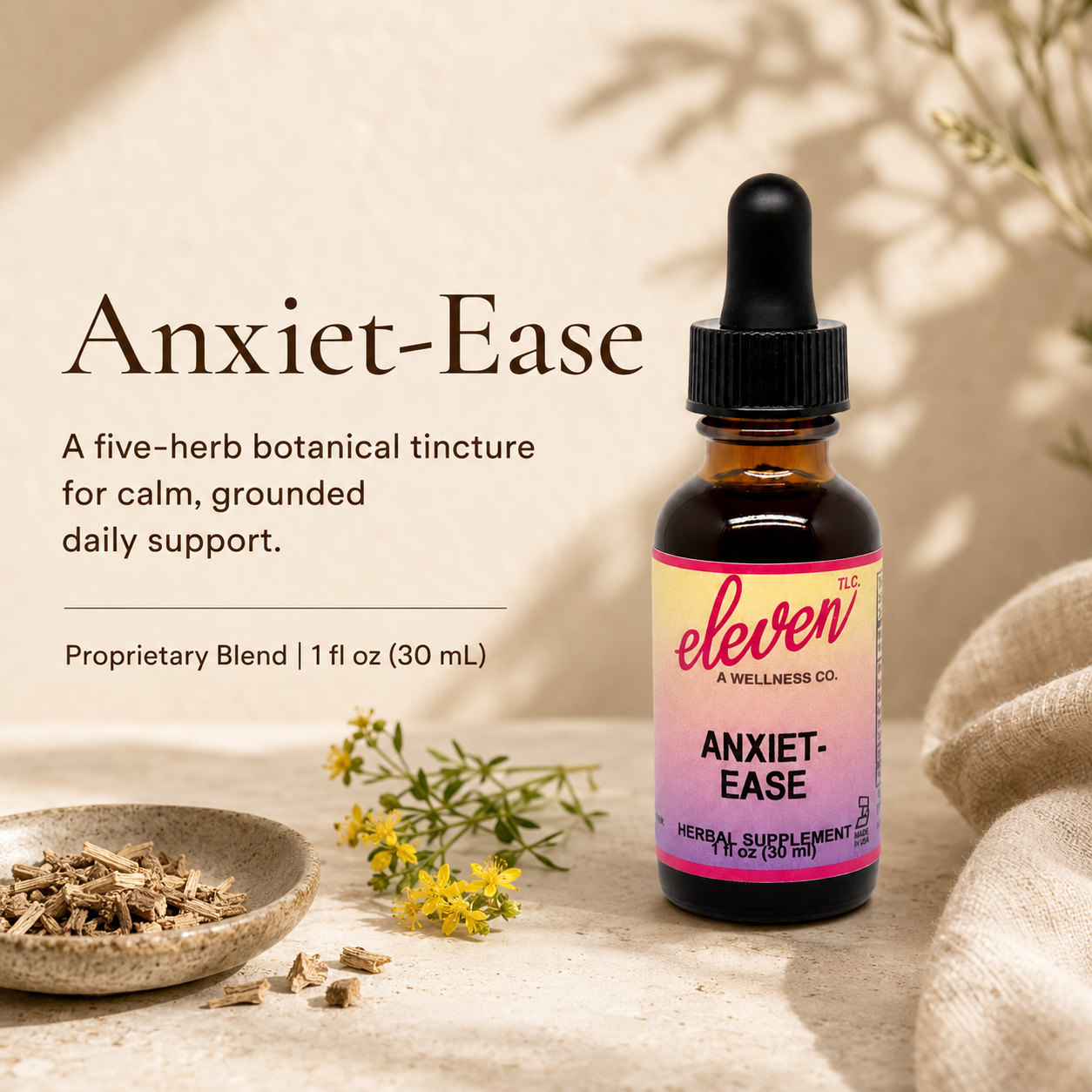 Eleven TLC Anxiet-Ease infographic featuring 1oz tincture, 5-herb proprietary blend, and daily support messaging