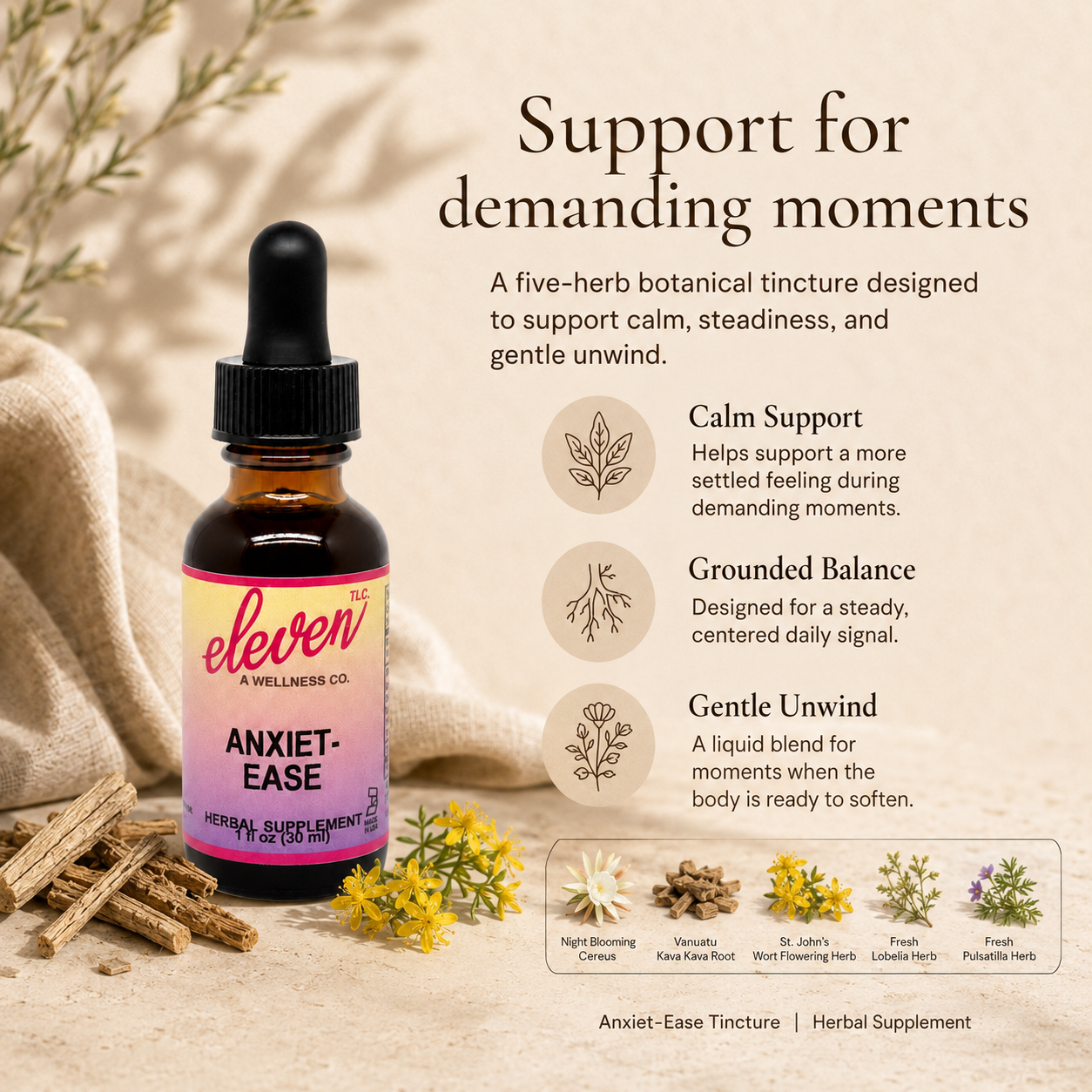 Eleven TLC Anxiet-Ease infographic featuring 1oz tincture, 5-herb proprietary blend, and daily support messaging.
