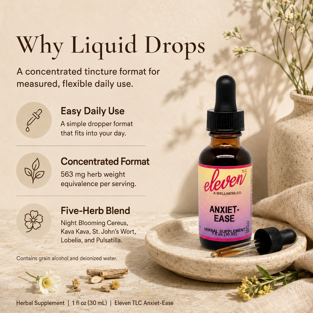Eleven TLC Anxiet-Ease supplement facts label showing serving size, ingredients, and 1oz volume specifications.