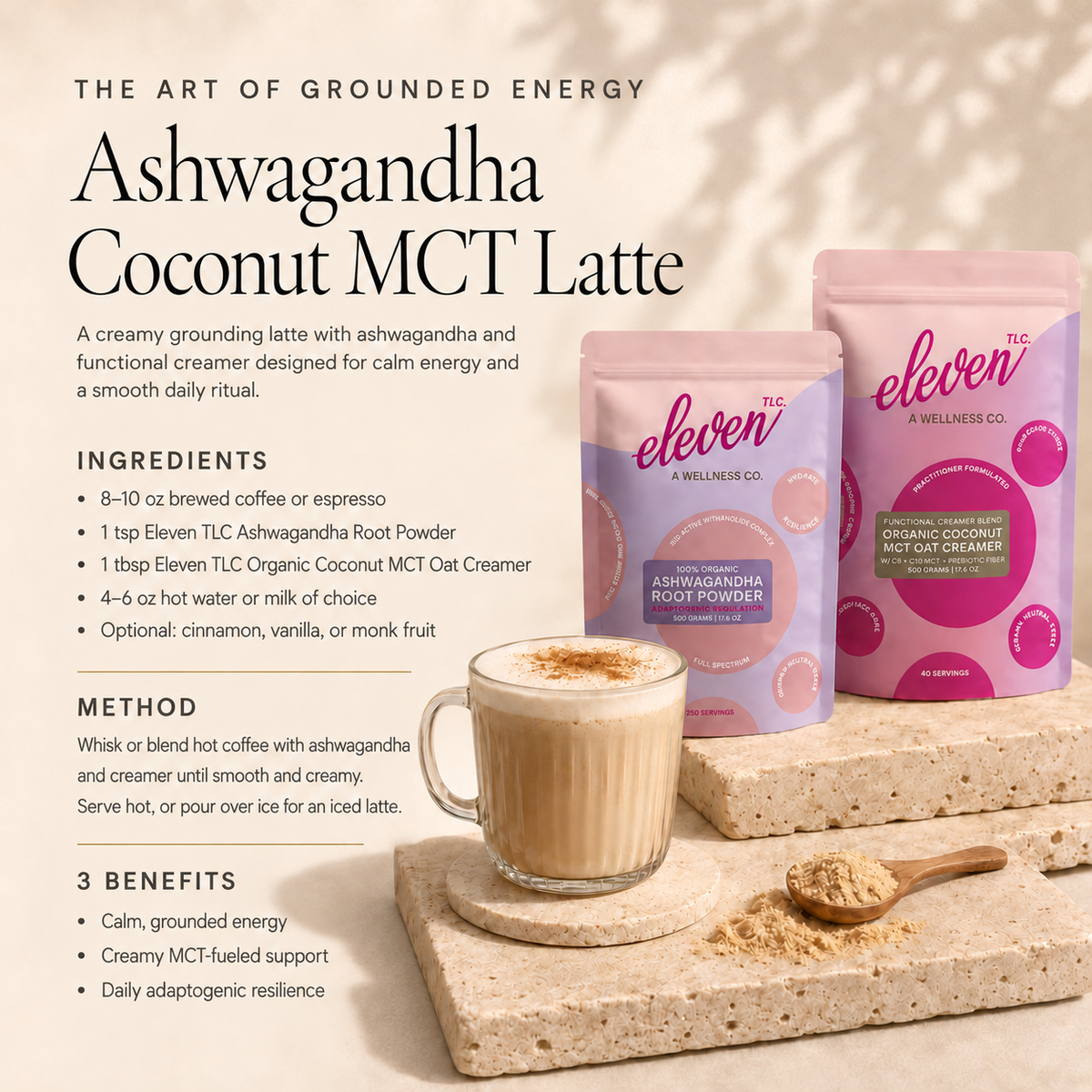 Ashwagandha Coconut MCT Latte recipe with ingredients and preparation steps, Eleven TLC Ashwagandha and Coconut MCT Oat Creamer pouches, and a warm latte.