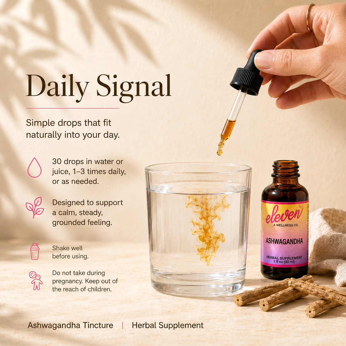Eleven TLC Ashwagandha tincture instructional slide detailing 30 drop daily signal, usage, and safety warnings.