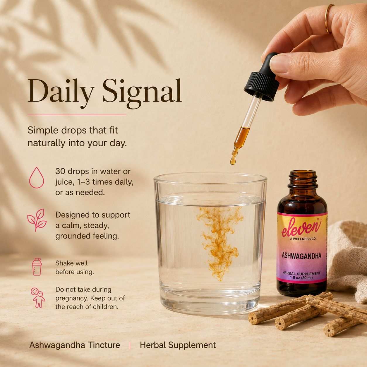 Eleven TLC Ashwagandha tincture instructional slide detailing 30 drop daily signal, usage, and safety warnings.