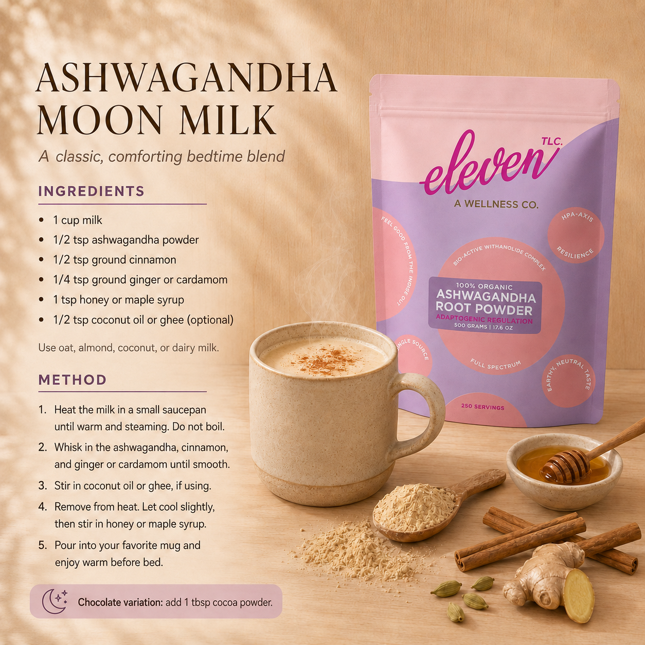 Eleven TLC Organic Ashwagandha Root Powder recipe card for Moon Milk, featuring a steaming mug of spiced latte, a 500g pouch of ashwagandha powder, and fresh cinnamon sticks on a minimalist surface.