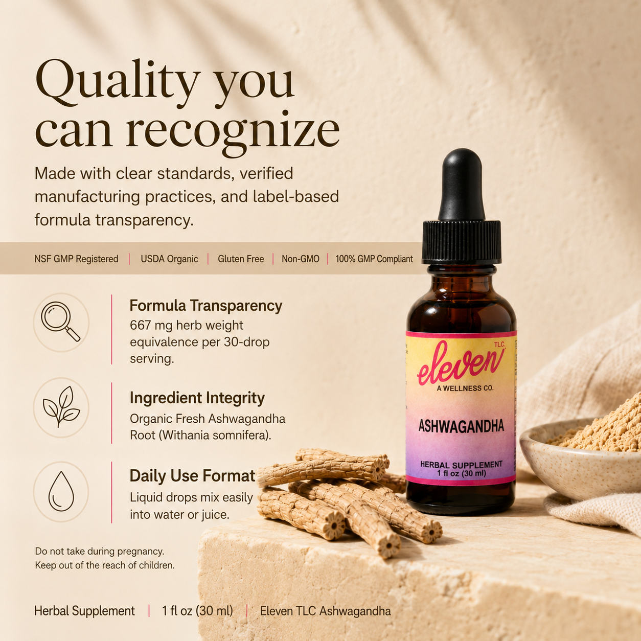 667mg dosage, organic fresh root, GMP and organic certifications.