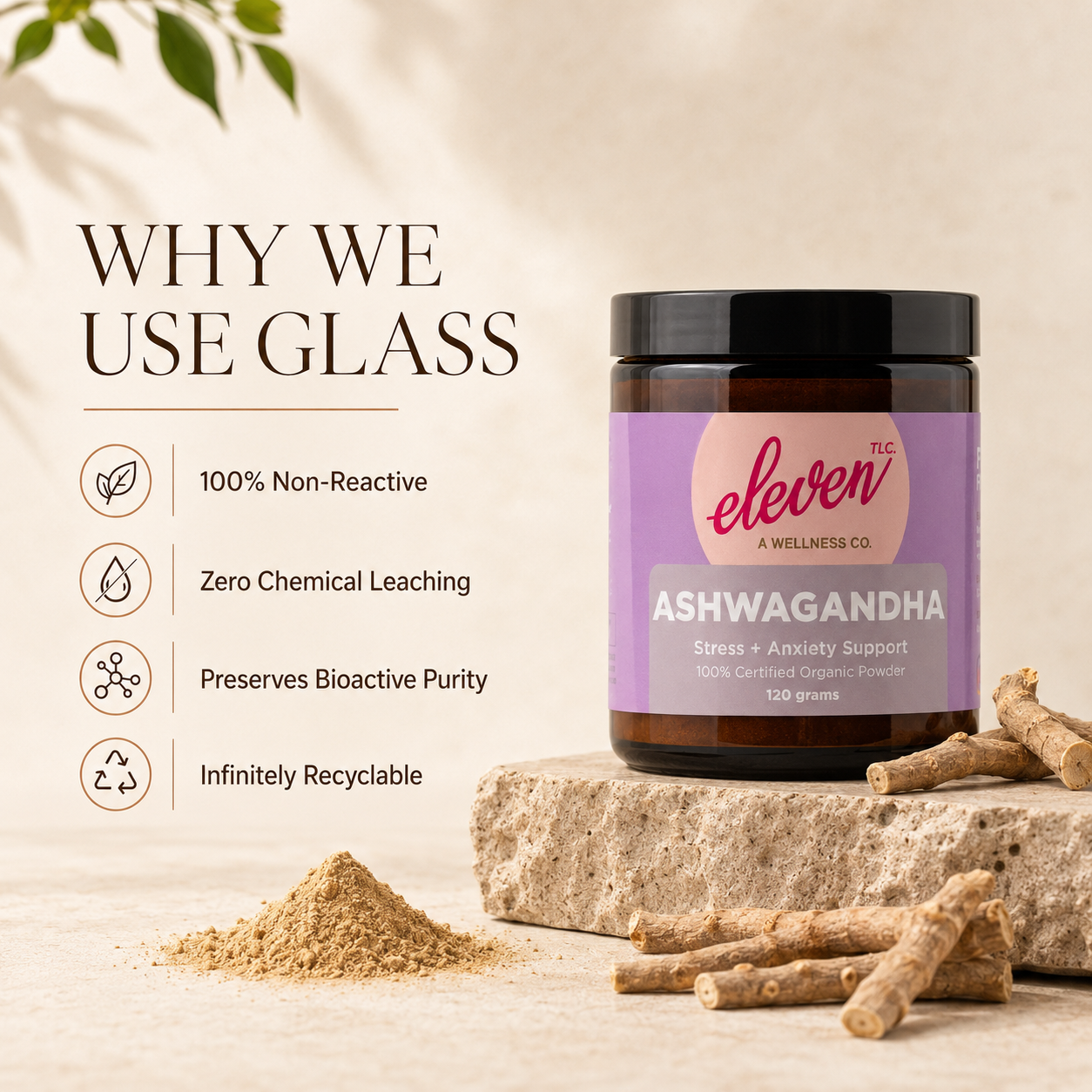 eleven-tlc-ashwagandha-root-powder-jar-on-limestone-surface-infographic-highlighting-non-reactive-glass-packaging-benefits-for-bioactive-purity