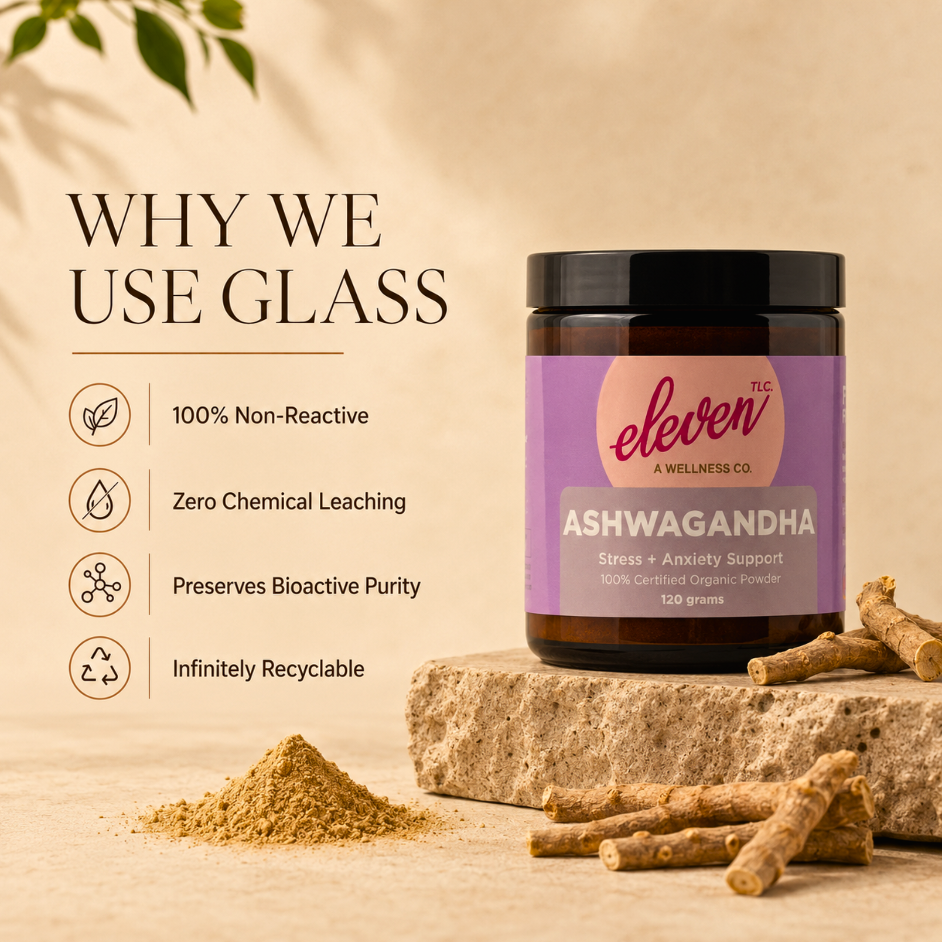 eleven-tlc-ashwagandha-root-powder-jar-on-limestone-surface-infographic-highlighting-non-reactive-glass-packaging-benefits-for-bioactive-purity