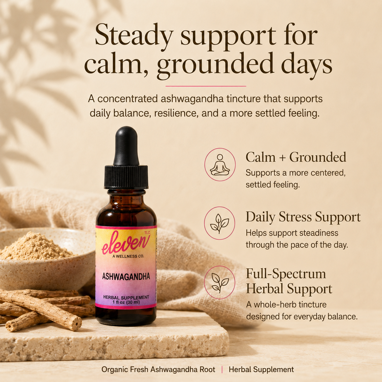 Eleven TLC Ashwagandha tincture infographic featuring bottle, fresh root, and benefits for calm, balance, and stress support.