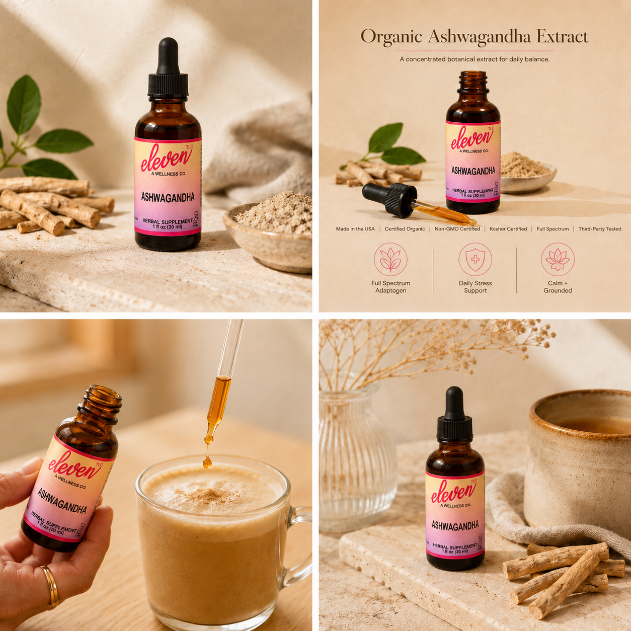 1oz amber glass bottle of Eleven TLC ashwagandha root liquid extract with black dropper, organic roots, and ceramic bowl.