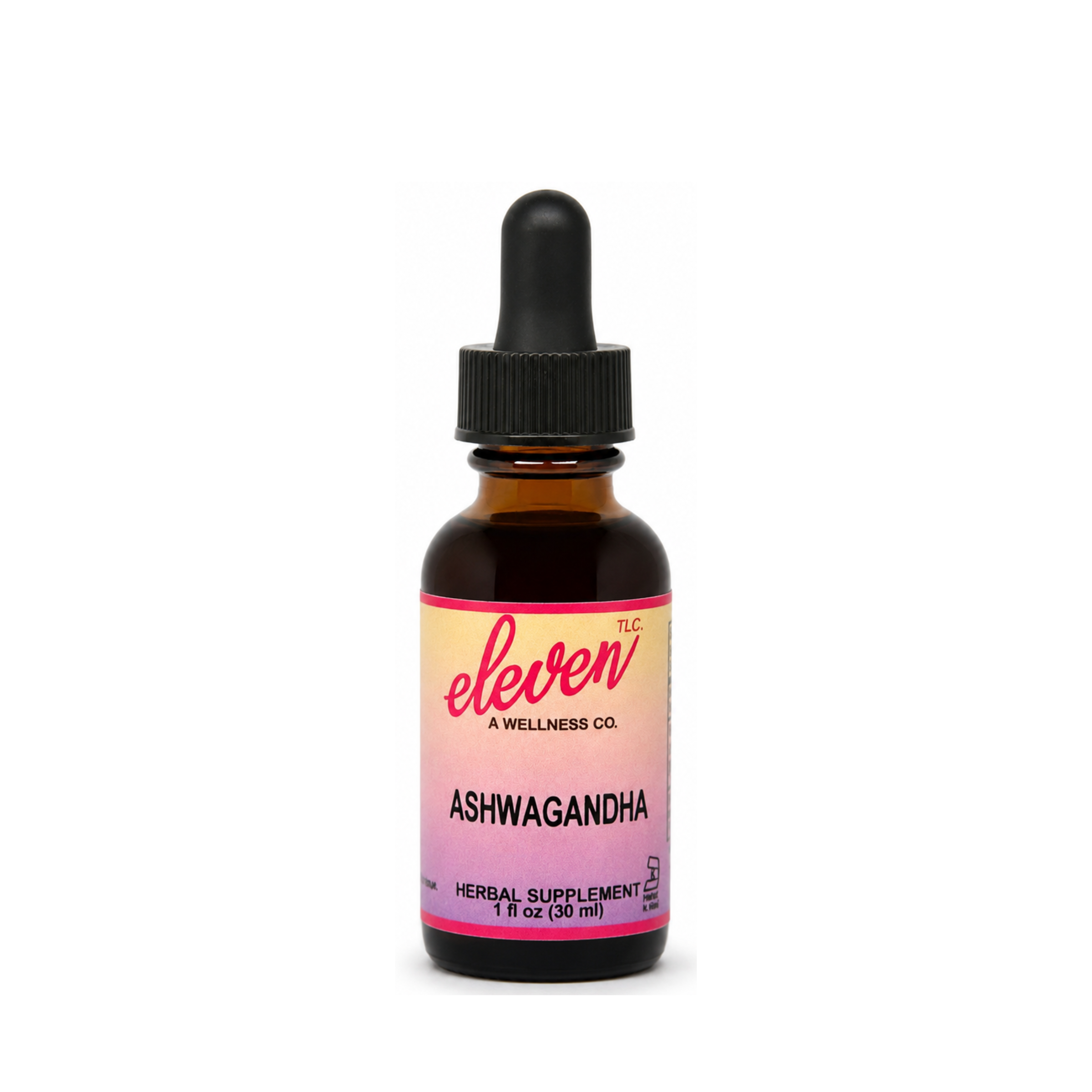 Eleven TLC 1oz ashwagandha root liquid extract bottle with black dropper cap, front label branding on white background.