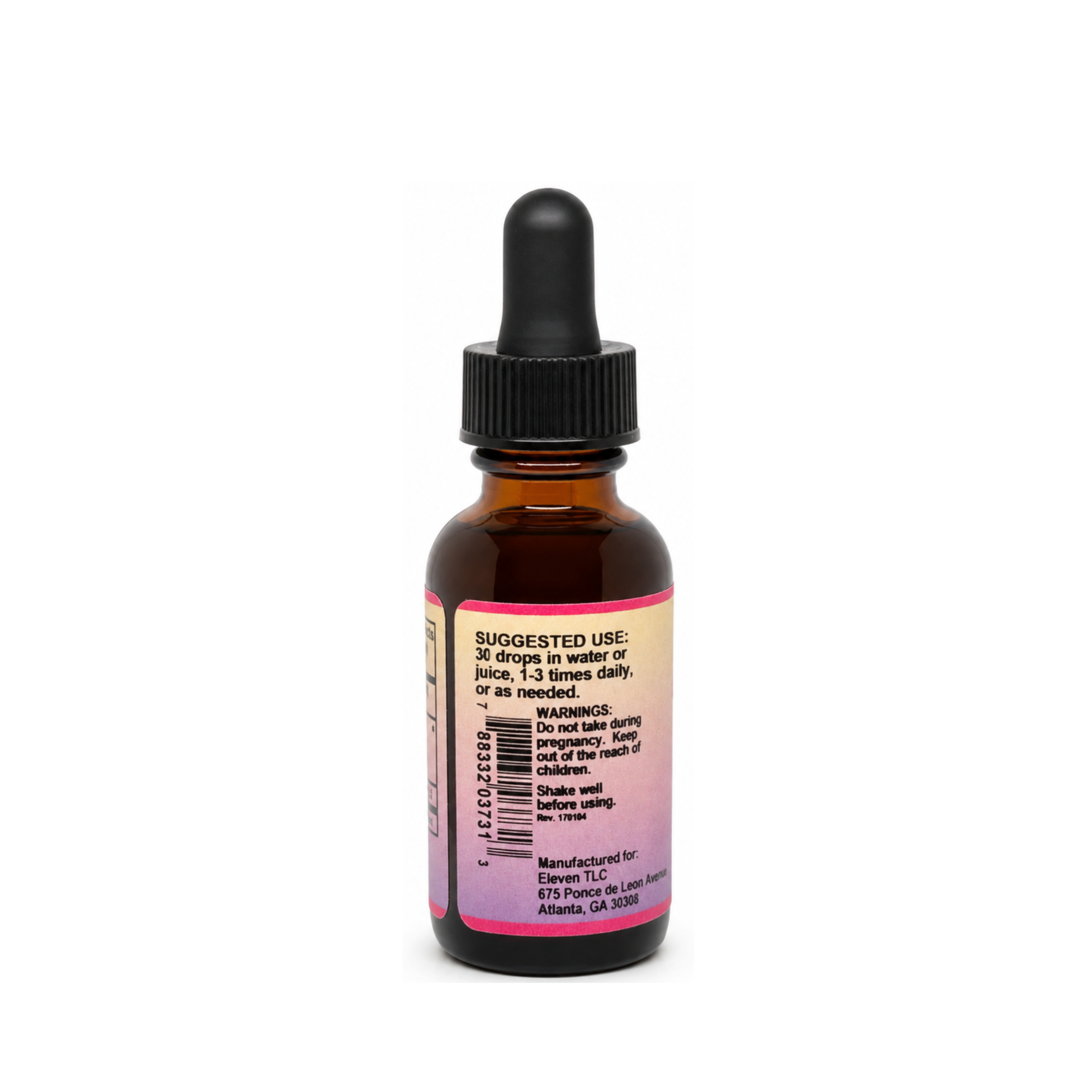 Rear label of Eleven TLC ashwagandha tincture bottle showing suggested use, warnings, and manufacturing details