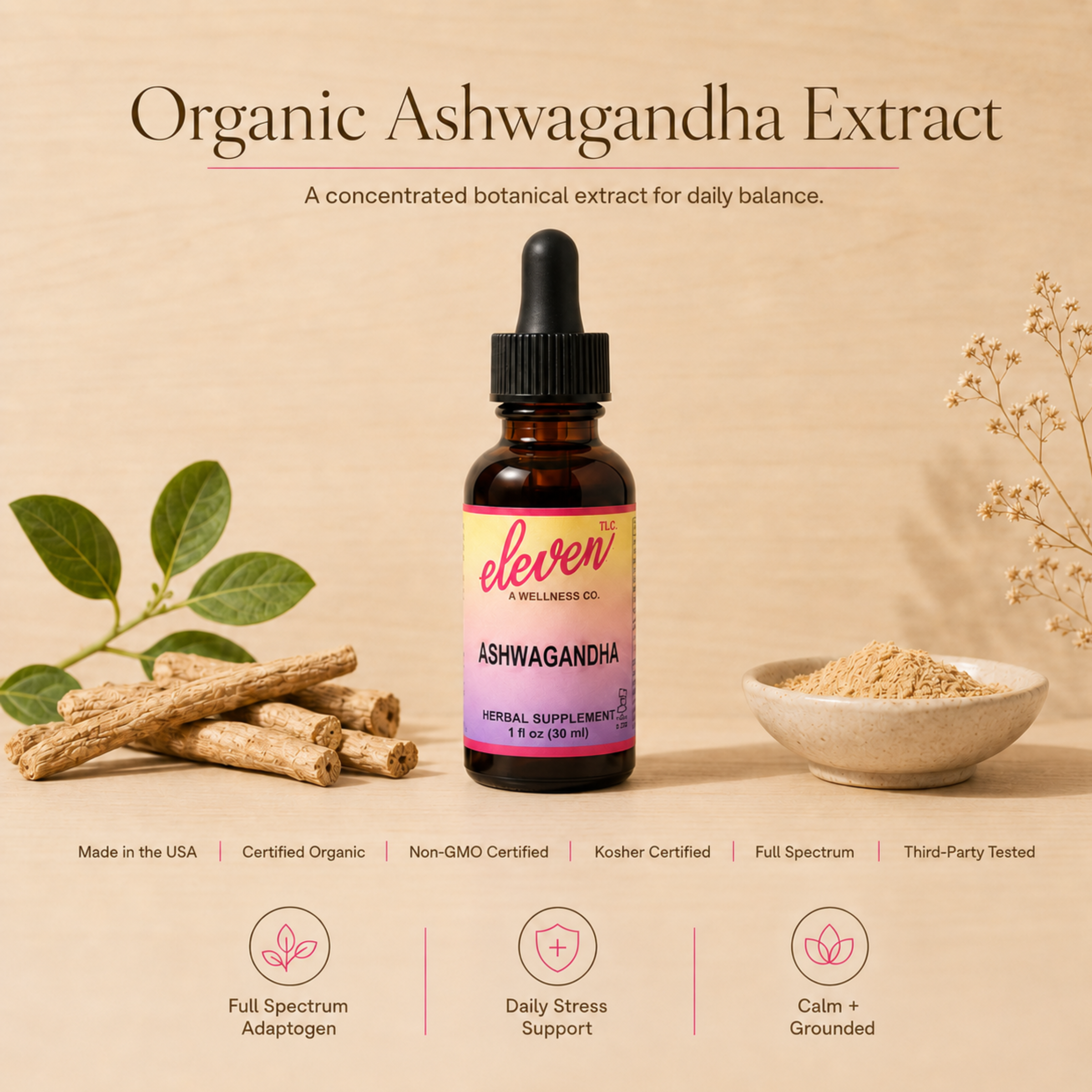 Ashwagandha tincture bottle with root segments, powder bowl, and certification icons on beige background.