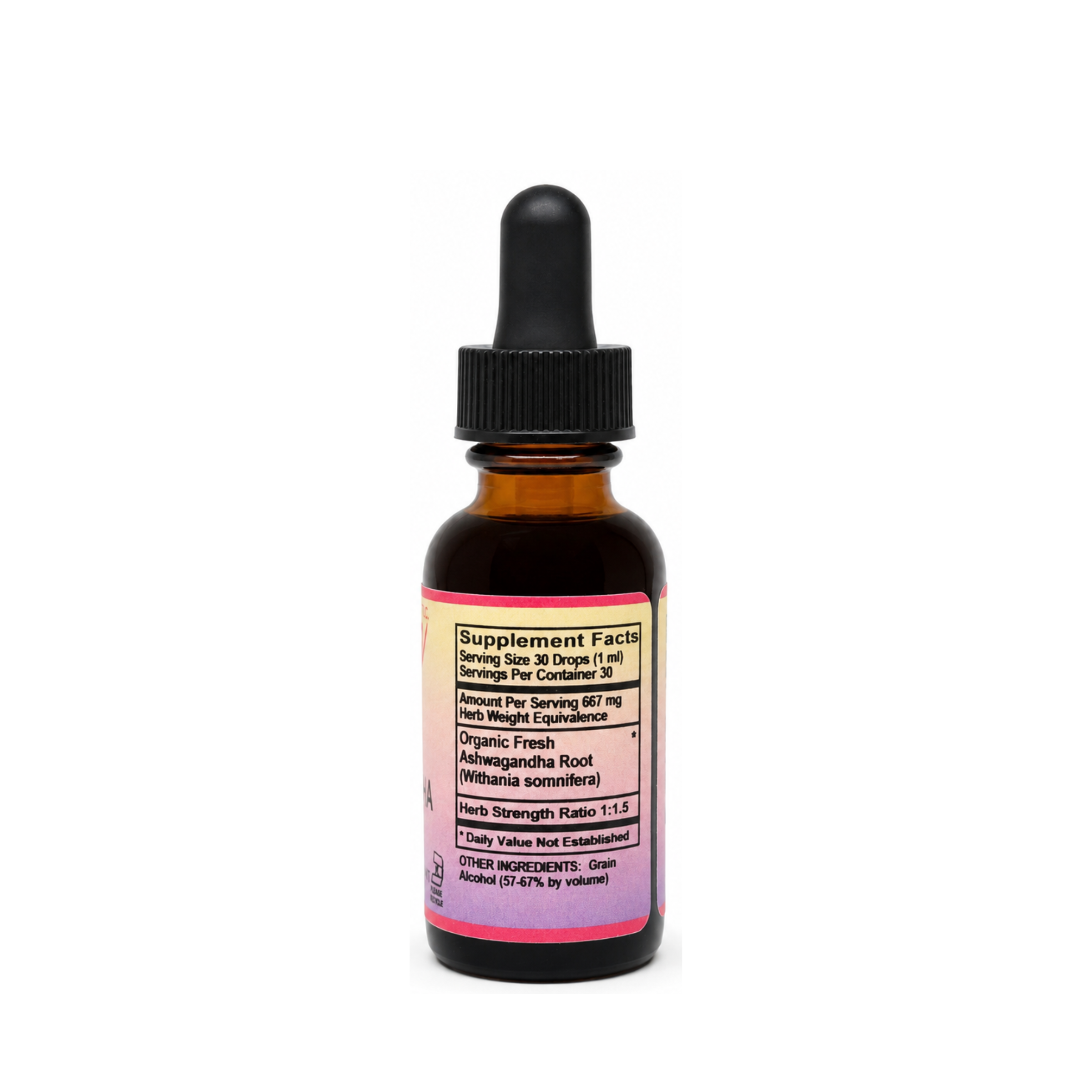 Supplement facts label for Eleven TLC ashwagandha tincture showing 667mg herb weight equivalence and ingredients