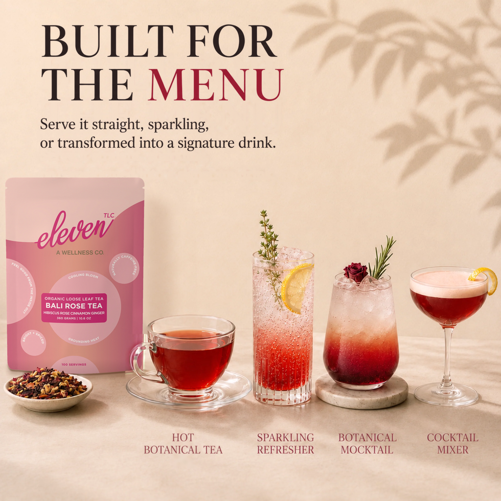 Bali Rose Tea food service menu inspiration slide showing hot tea, iced tea, refresher, and botanical mocktail applications with the 360 gram pouch.