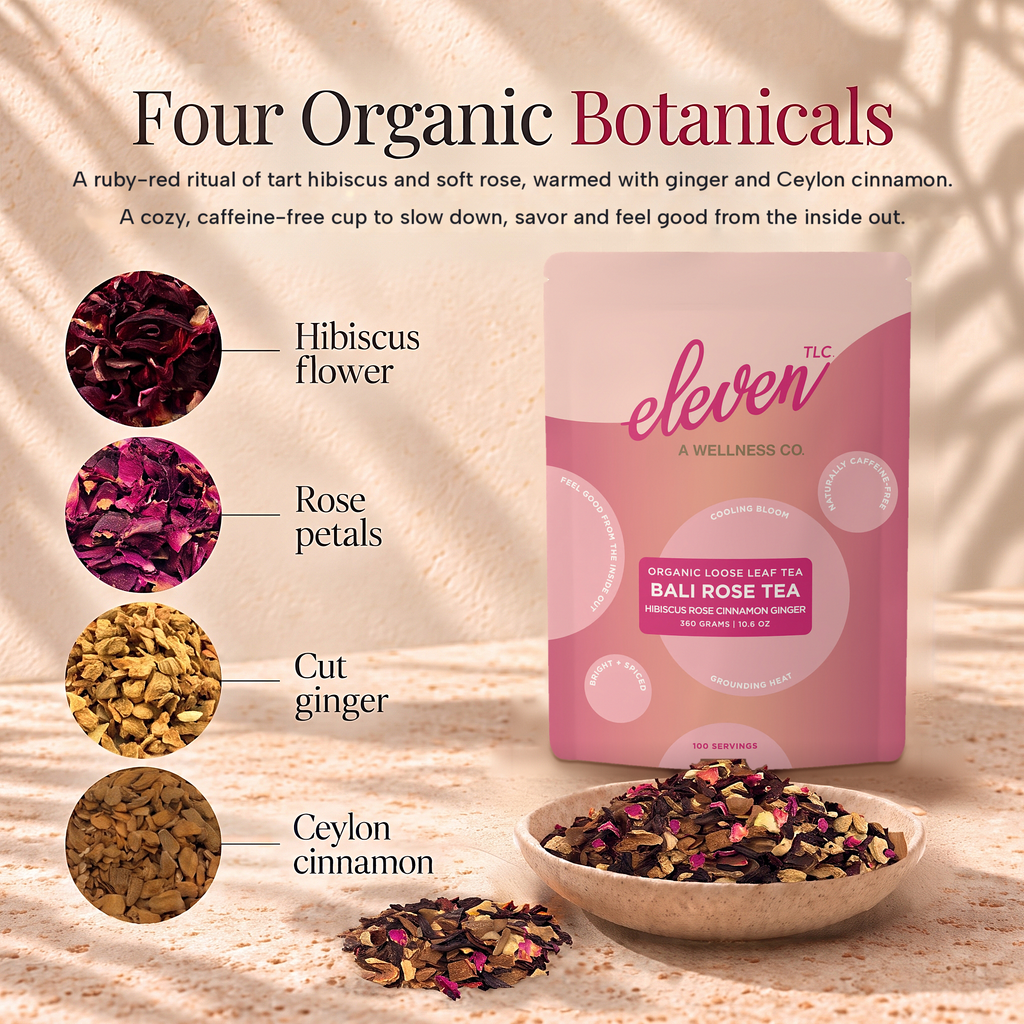 Eleven TLC Bali Rose Tea 360g pouch beside hibiscus flowers, rose petals, cut ginger, cinnamon and a bowl of the loose-leaf botanical blend.