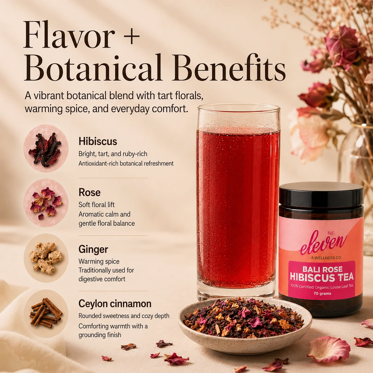 Bali Rose Hibiscus Tea with a tall ruby-red tea, 70 gram amber jar, loose-leaf blend, and botanical notes for hibiscus, rose, ginger, and Ceylon cinnamon.