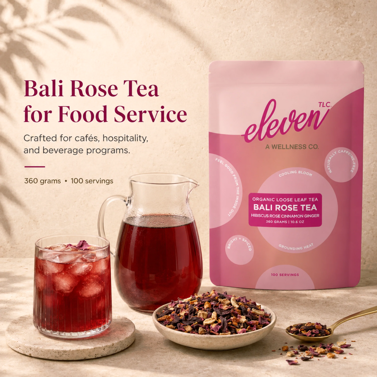 Bali Rose Tea food service hero image with 360 gram pouch, ruby-red brewed tea, and loose-leaf botanical blend styled for cafés, hospitality, and beverage programs.