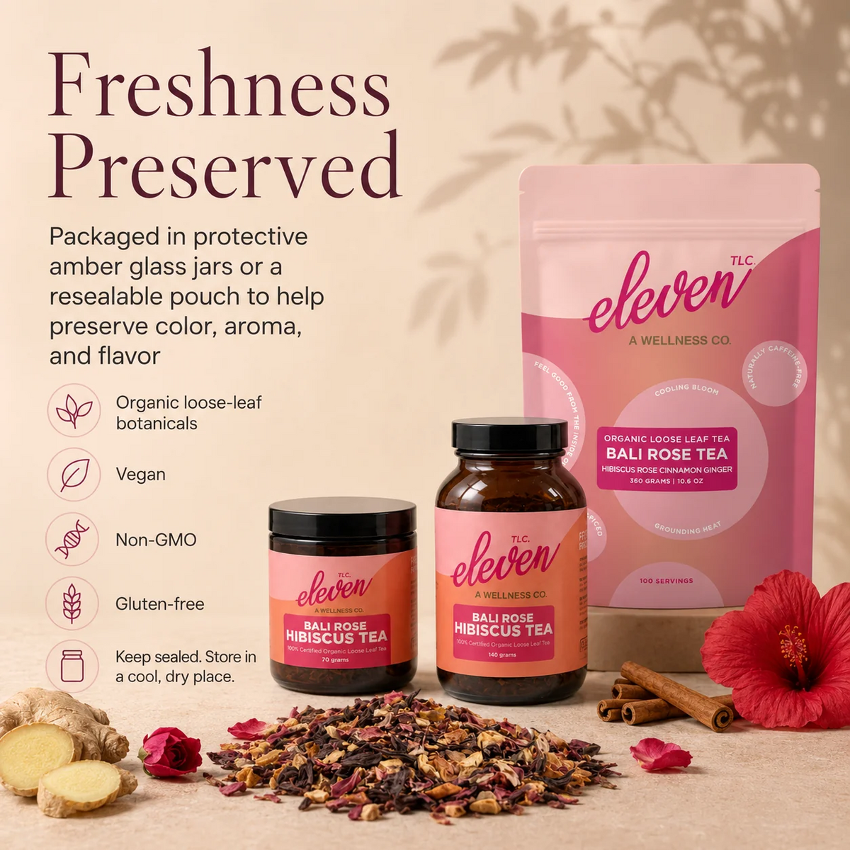 Bali Rose Hibiscus Tea in 70 gram and 140 gram amber glass jars with 360 gram pouch, styled with loose leaf tea, ginger, rose, hibiscus, and cinnamon, highlighting freshness-preserving packaging.