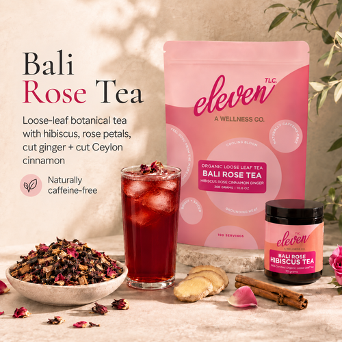 Eleven TLC Bali Rose loose-leaf herbal tea with a 360g pouch, 70g amber glass jar, ruby-red iced tea, and hibiscus, rose, ginger + cinnamon botanicals.