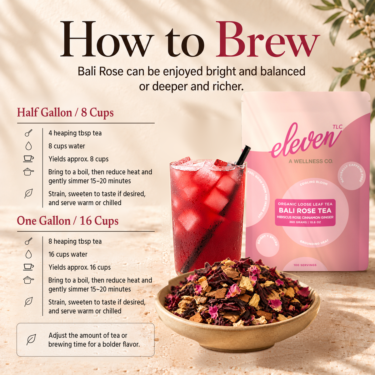 Bali Rose Tea food service brewing guide with half-gallon and one-gallon batch instructions, featuring the 360 gram pouch and clear preparation steps for hot and iced service.