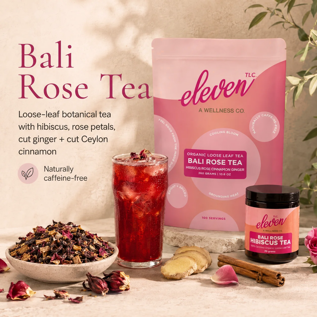 Bali Rose Tea loose-leaf botanical tea with 360 gram pouch, 70 gram amber glass jar, a glass of iced hibiscus tea, and a bowl of loose leaf blend with hibiscus, rose petals, cut ginger, and cut cinnamon.