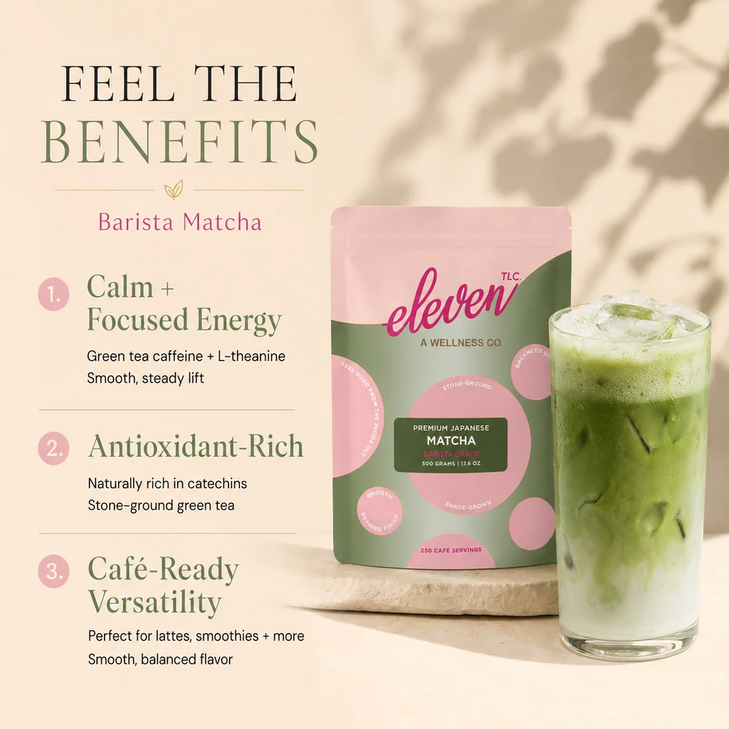 Feel the Benefits graphic for Eleven TLC Organic Barista Matcha Powder 500g with the pouch and an iced matcha latte, noting natural caffeine with L-theanine, stone-ground green tea, and use in lattes and smoothies.