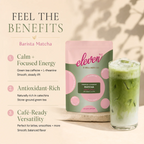 Feel the Benefits graphic for Eleven TLC Organic Barista Matcha Powder 500g with the pouch and an iced matcha latte, noting natural caffeine with L-theanine, stone-ground green tea, and use in lattes and smoothies.