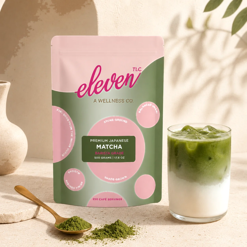 Eleven TLC Organic Barista Matcha Powder 500g pouch beside an iced matcha latte, with matcha powder on a gold spoon.