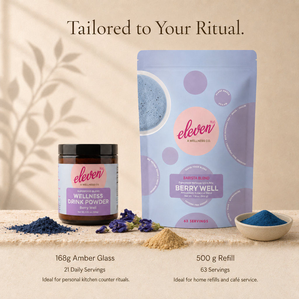 Eleven TLC Berry Well 168g amber glass jar and 500g bulk pouch with blue spirulina, butterfly pea, and maca root.