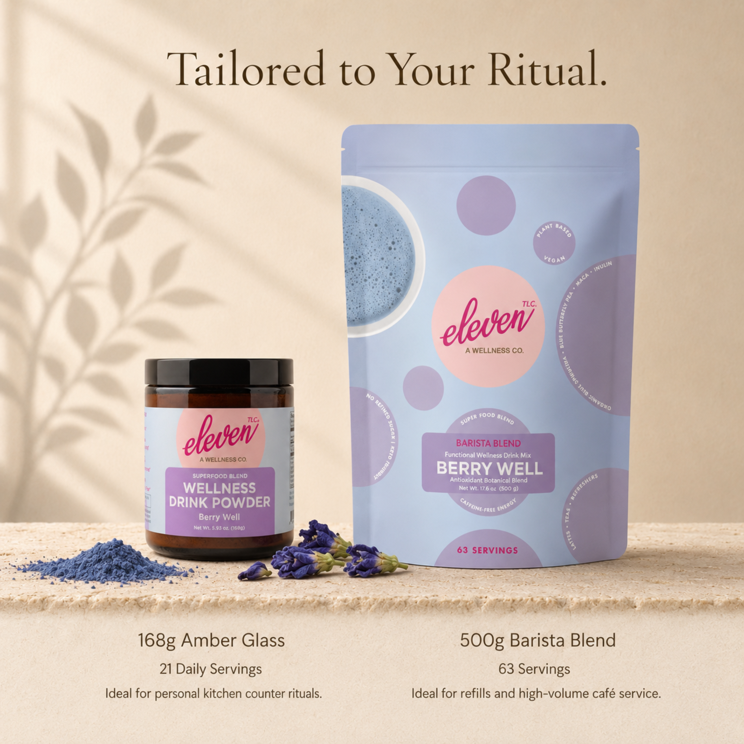 Eleven TLC Berry Well 168g amber glass jar and 500g bulk pouch with blue spirulina, butterfly pea, and maca root.