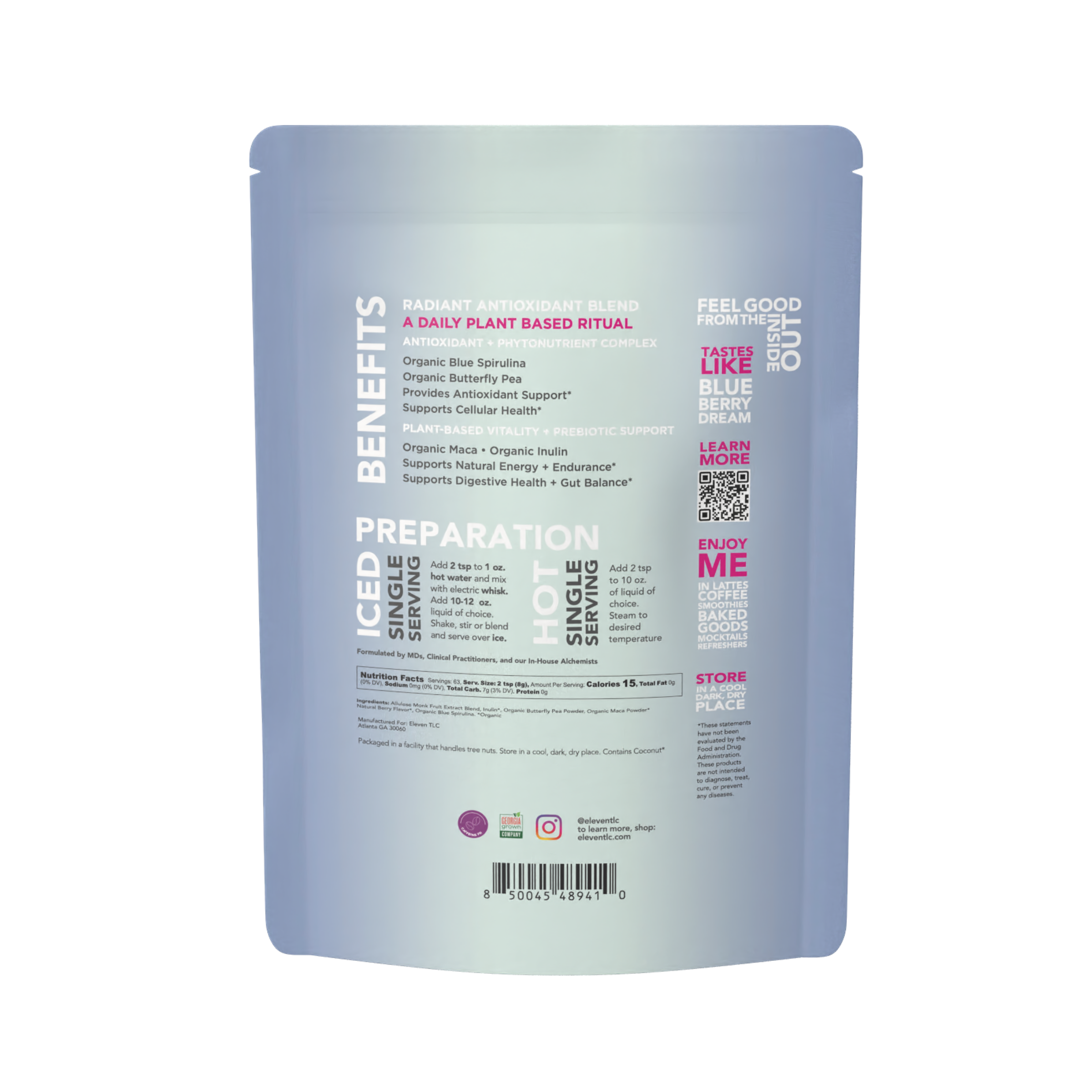 Eleven TLC Berry Well 500g pouch back label showing ingredient list, preparation instructions, and Daily Signal usage.