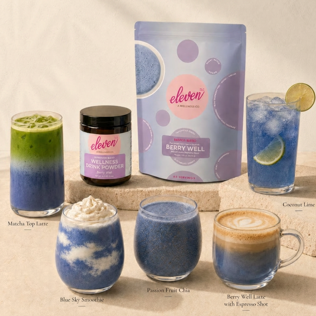 Eleven TLC Berry Well 500g pouch and jar with blue spirulina beverage variations: matcha top latte, blue sky smoothie, passion fruit chia, and espresso latte.