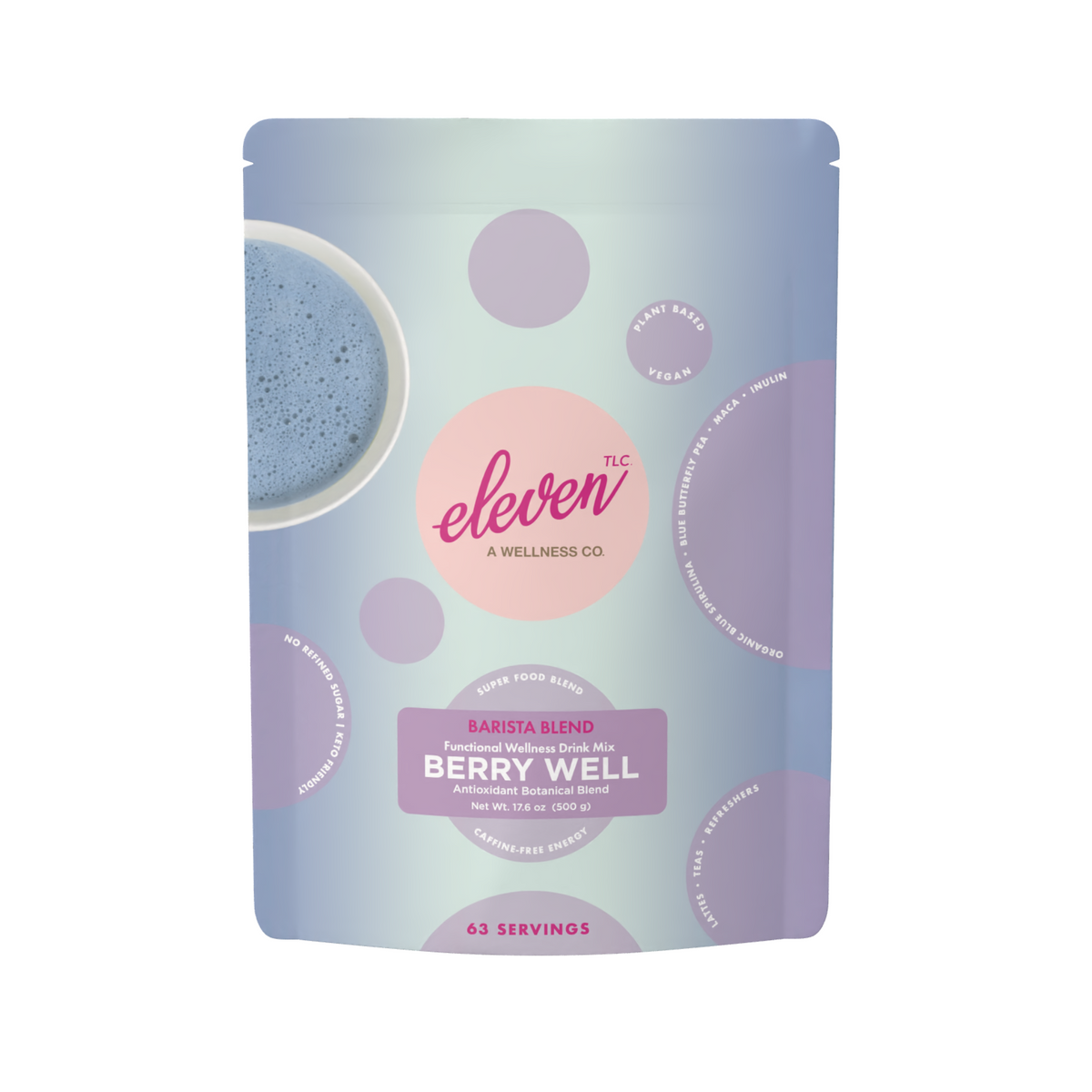 Berry Well blue botanical powder in 500g pouch. Adaptogenic latte mix with spirulina and maca.