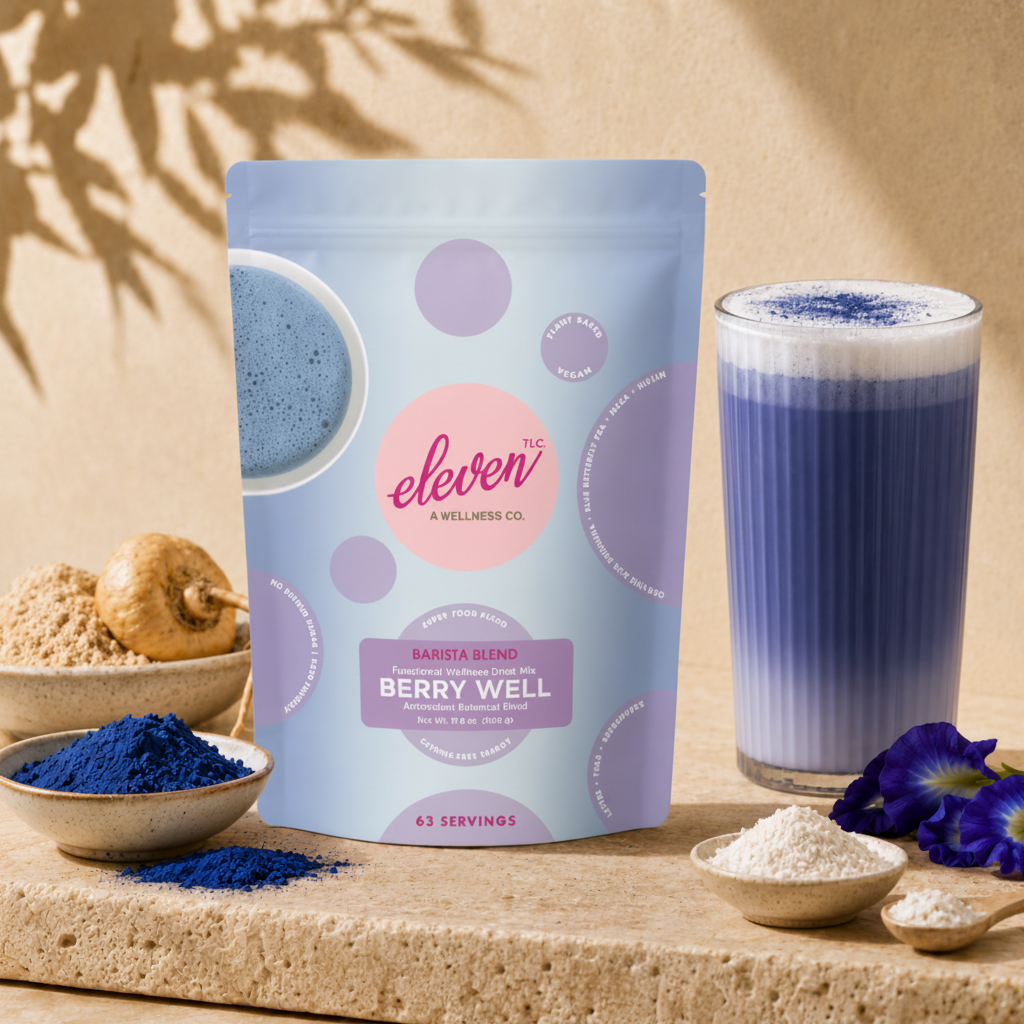 Eleven TLC Berry Well superfood latte mix 500g pouch with blue spirulina, butterfly pea powder, inulinand maca root powder.