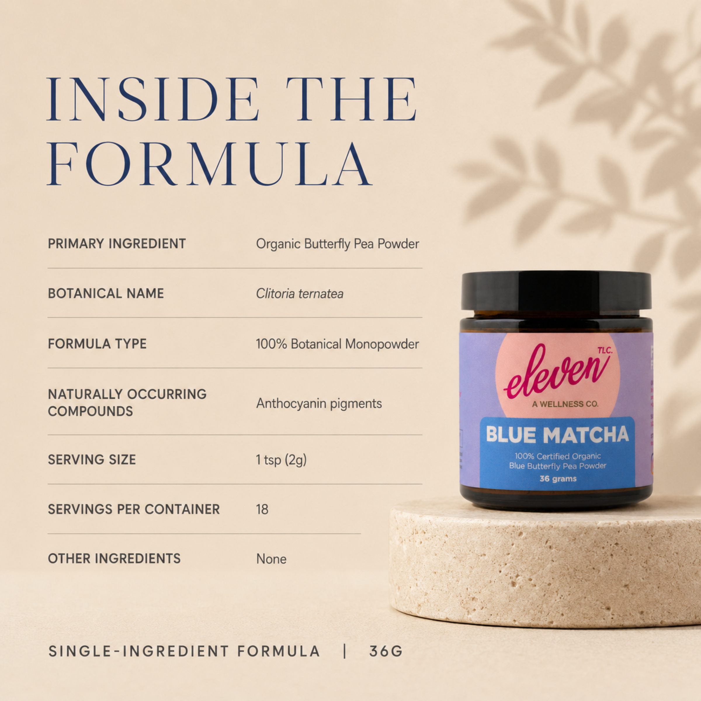 Eleven TLC Blue Matcha 36g amber jar graphic breaking down the single-ingredient butterfly pea formula.