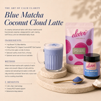 Recipe card for a Blue Matcha Coconut Cloud Latte with the Eleven TLC Coconut MCT Oat Creamer 500g pouch, a jar of Blue Matcha, a glass of blue latte, ingredient amounts and preparation steps.
