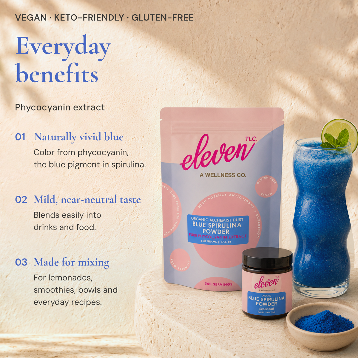 Eleven TLC blue spirulina pouch and jar beside a blue drink, with three numbered product attributes.