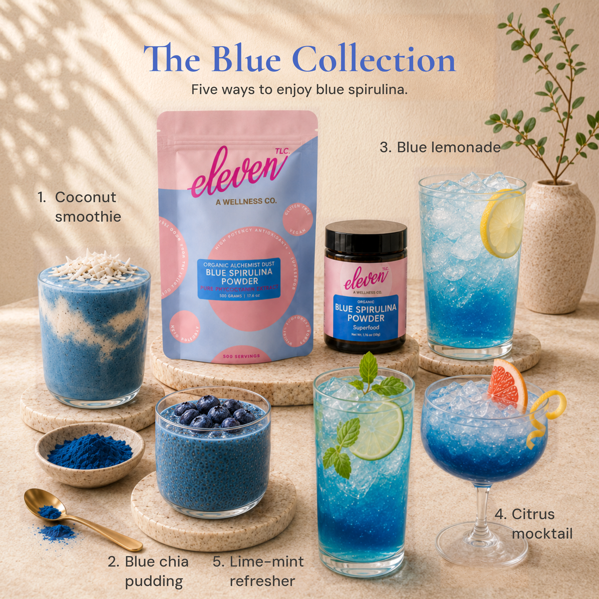 Eleven TLC 500g pouch and 35g jar surrounded by five blue drink and food preparations on stone stands.