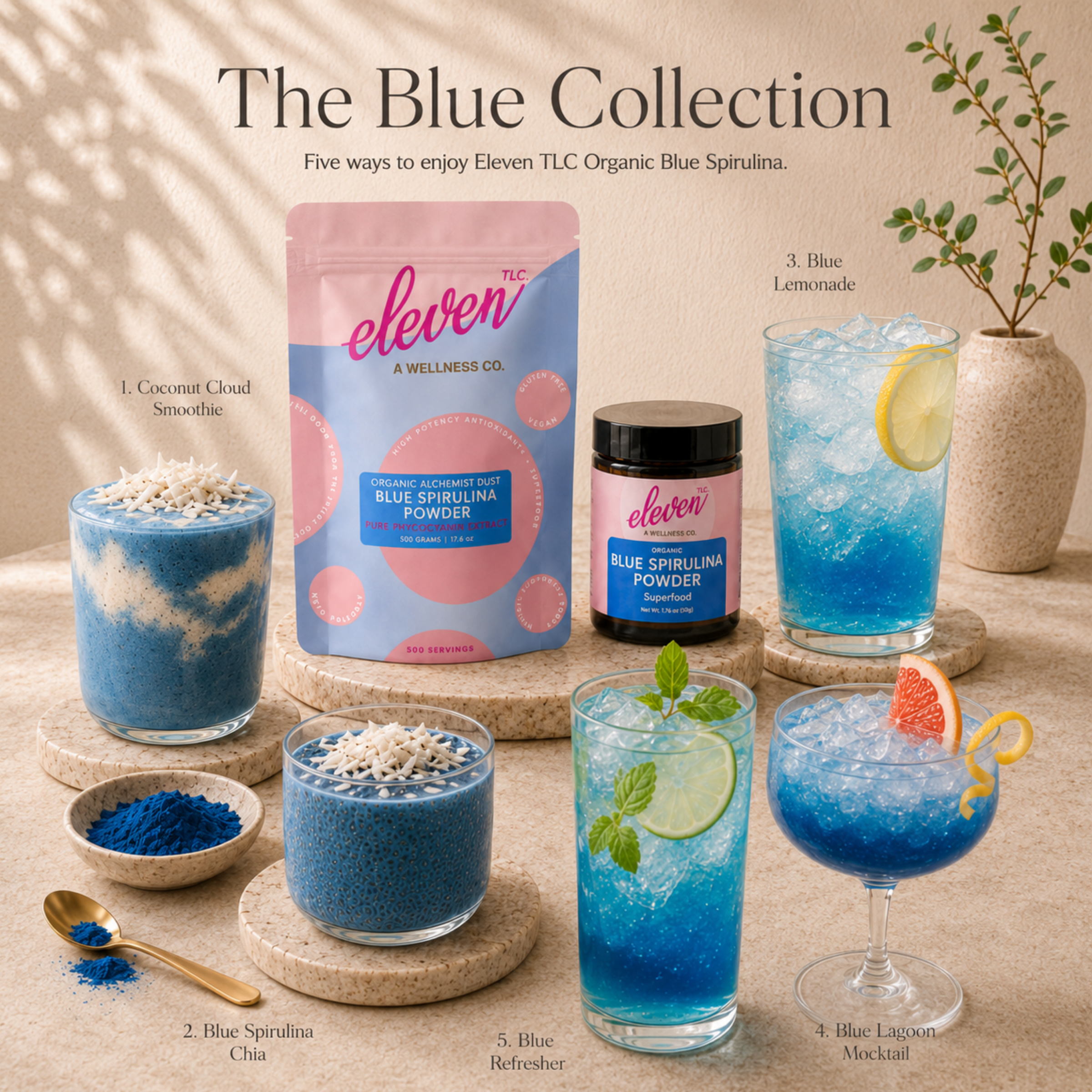 Eleven TLC organic blue spirulina powder pouch, jar, and five blue-themed beverages on marble surface.