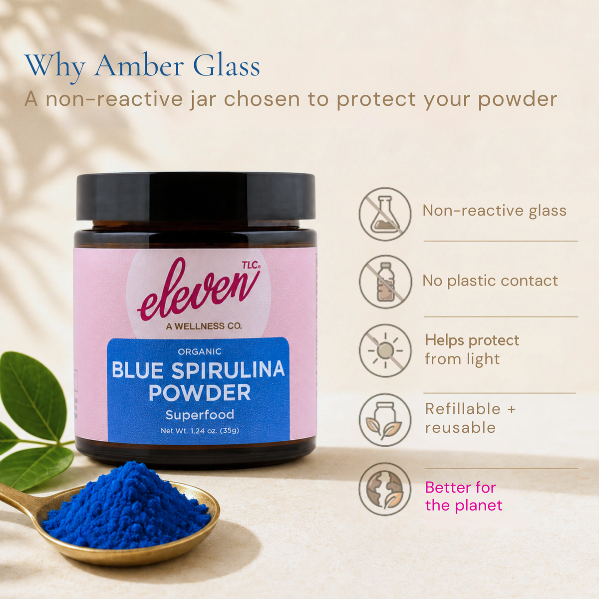 Eleven TLC blue spirulina jar and powder with a graphic explaining reusable amber glass packaging and light protection.