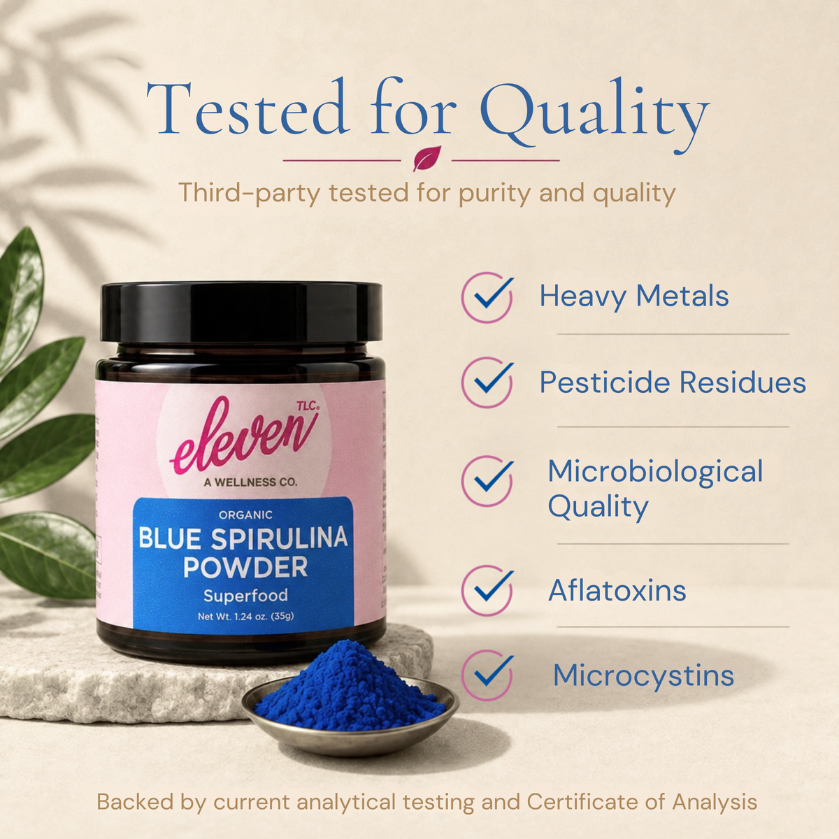 Eleven TLC blue spirulina testing graphic listing heavy metals, pesticide residues, microbiological quality, aflatoxins and microcystins.