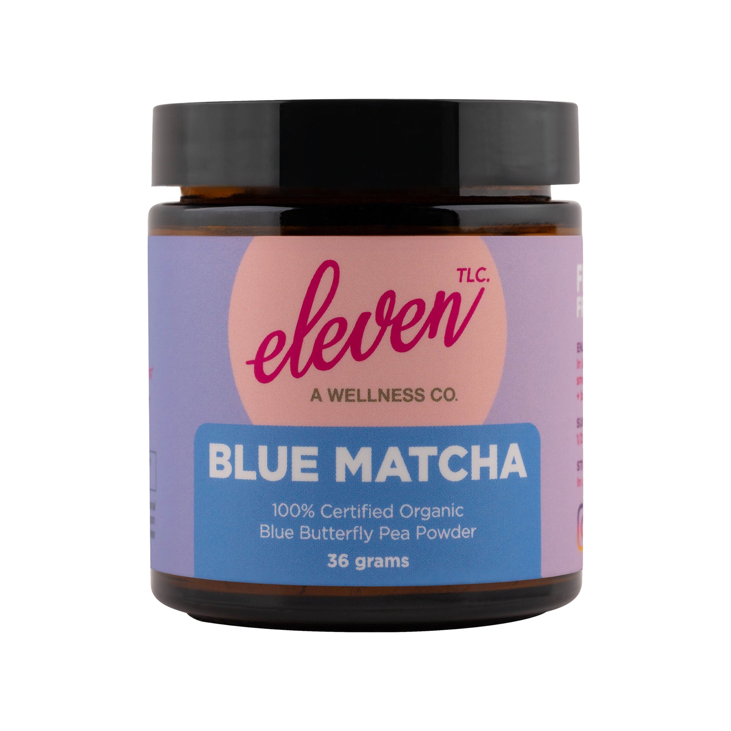 Eleven TLC organic butterfly pea flower powder (Clitoria ternatea) in a 36g amber glass jar.
