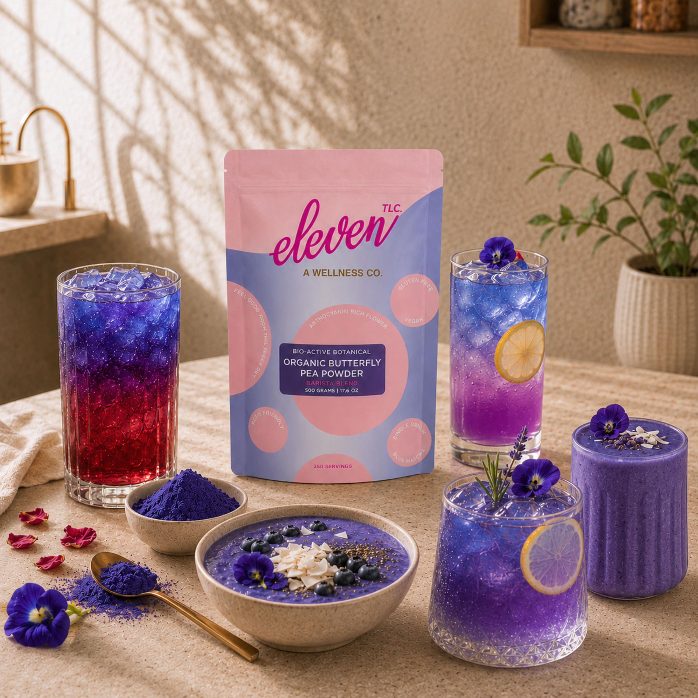 Eleven TLC organic butterfly pea flower powder in UV-protective pouch with prepared blue botanical drinks and bowl.

