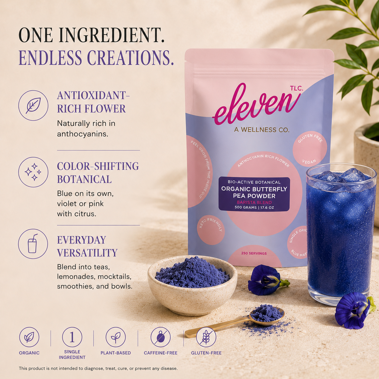 Eleven TLC organic butterfly pea powder pouch with infographic listing antioxidant and color-shifting benefits.