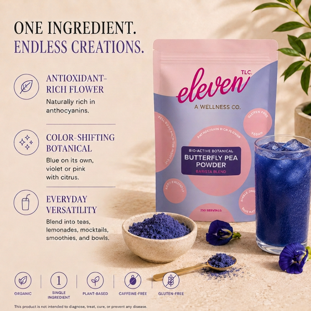 One Ingredient, Endless Creations infographic for Eleven TLC butterfly pea powder 500 g: a color-shifting botanical that turns violet or pink with citrus and blends into teas, lemonades, mocktails, smoothies and bowls; organic, single ingredient, plant-based, caffeine-free and gluten-free.